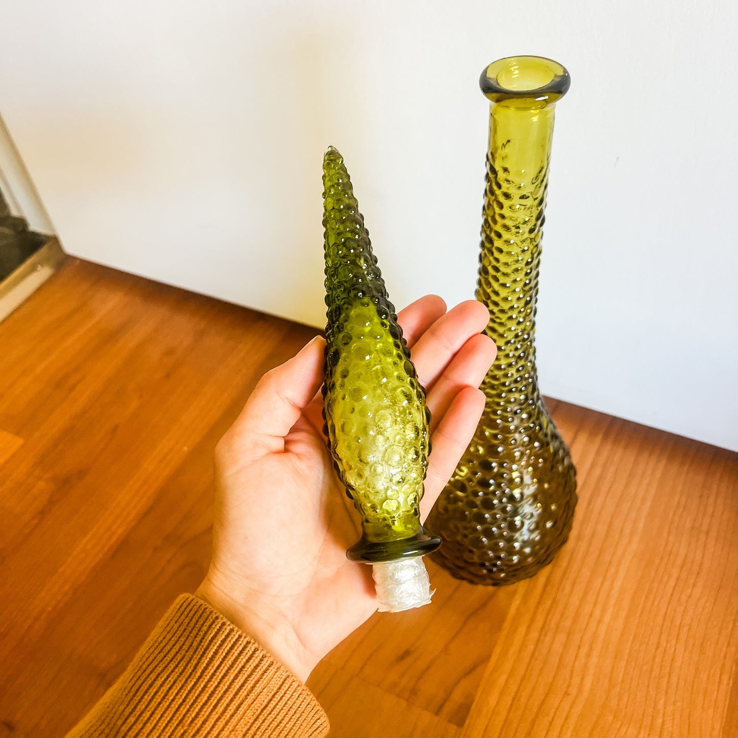 Olive Green Hobnail Genie Bottle