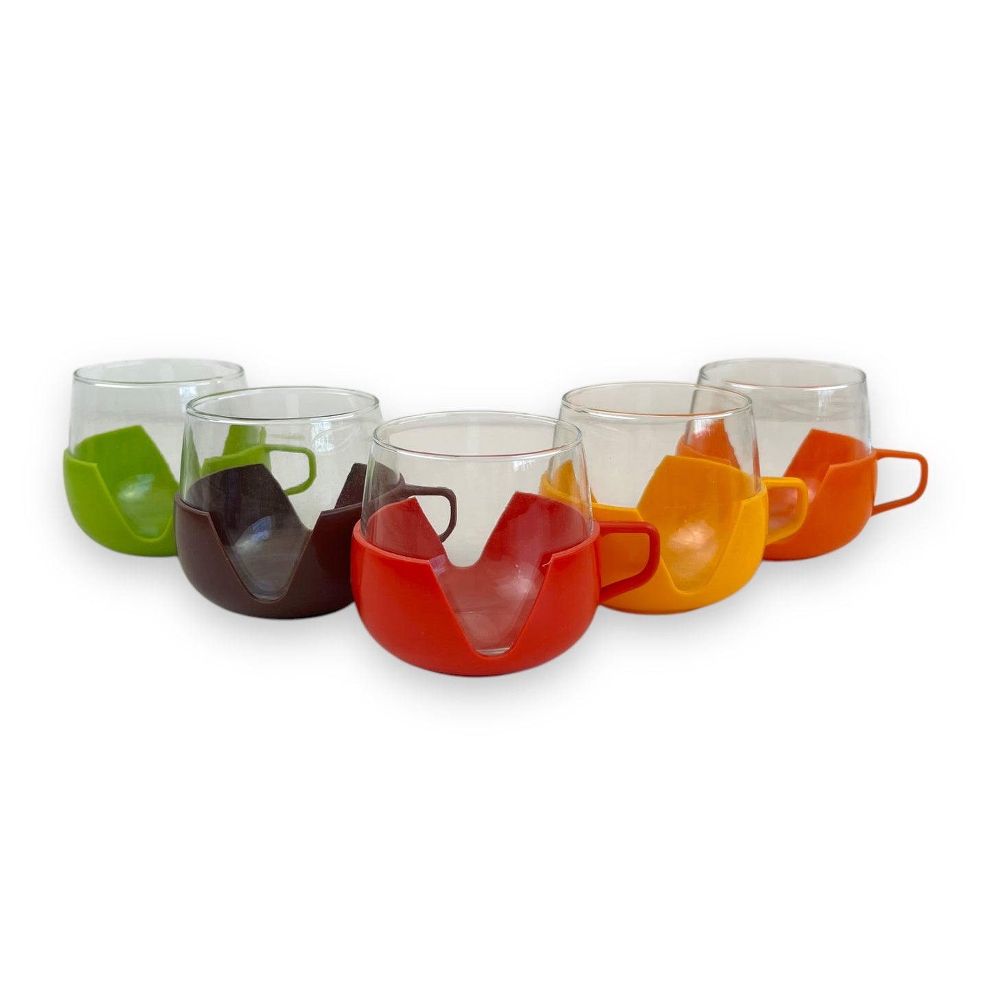 Dutch Glass Cups with Bright Colour Plastic Holders - Made in Holland - 5 Colourful Retro Mugs