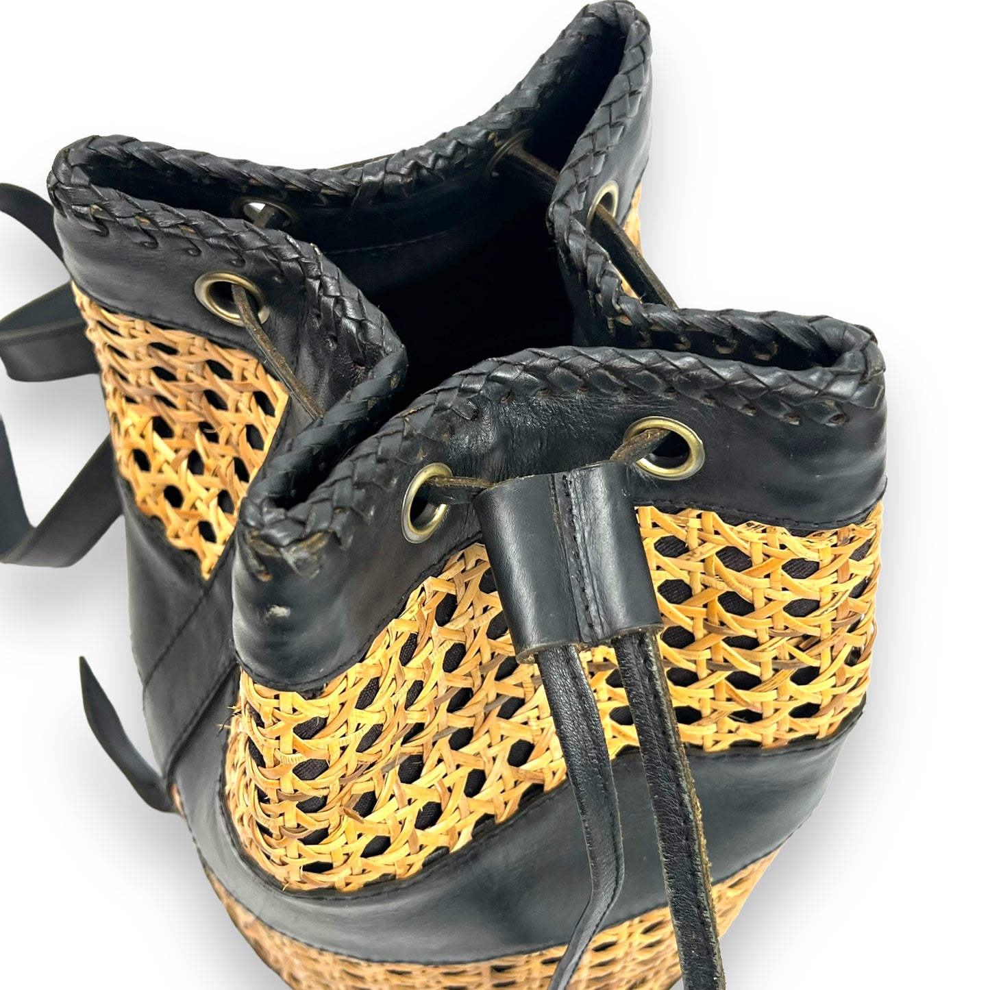 Rattan & Black Leather Backpack