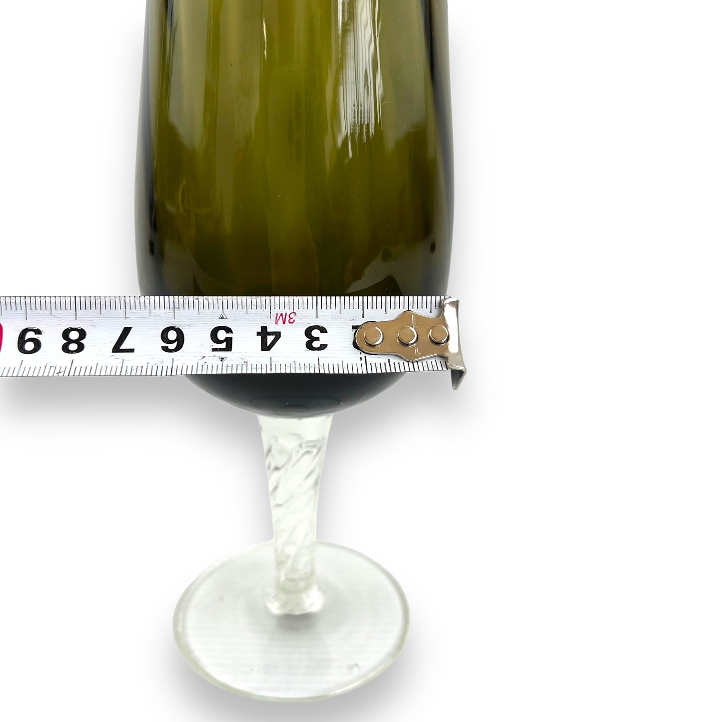 Olive green glass vase with clear glass twist stem