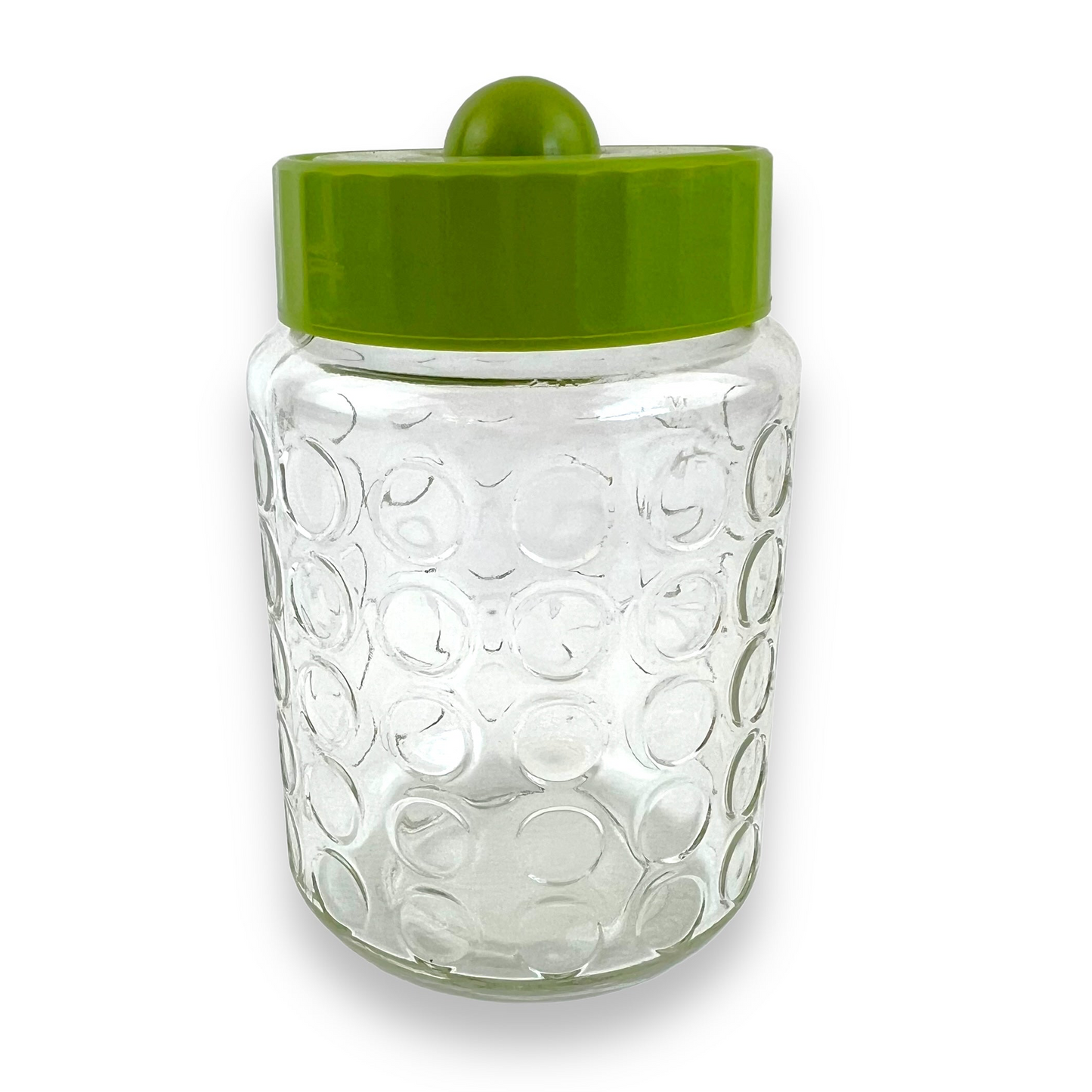 Green lid circle clear glass pattern jar