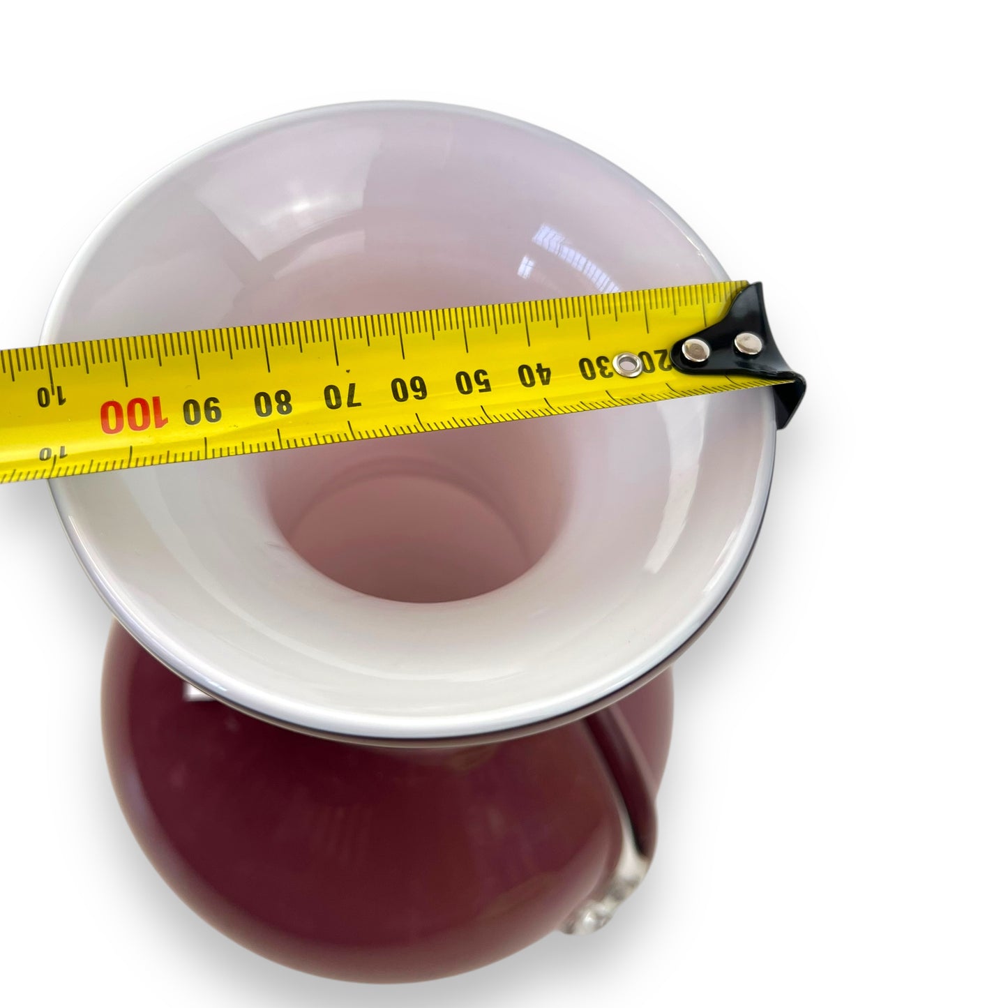 Purple and White Cased Art Glass Vase with Clear Ribbon Accent