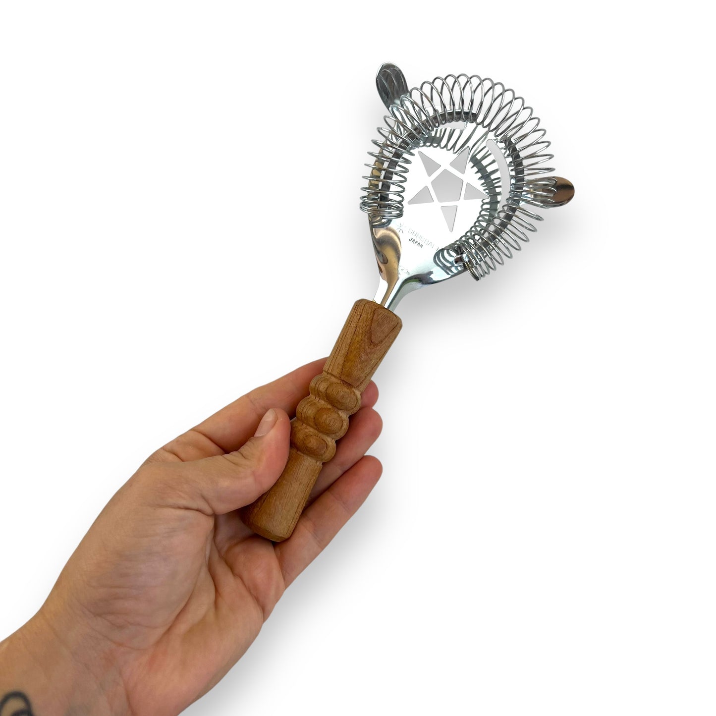 Japanese Cocktail Strainer with Wooden Handle and Star Cutout Design