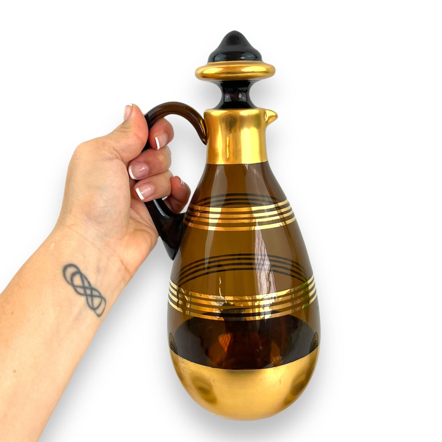 Black Smokey glass gold banded decanter & 4 matching small cups