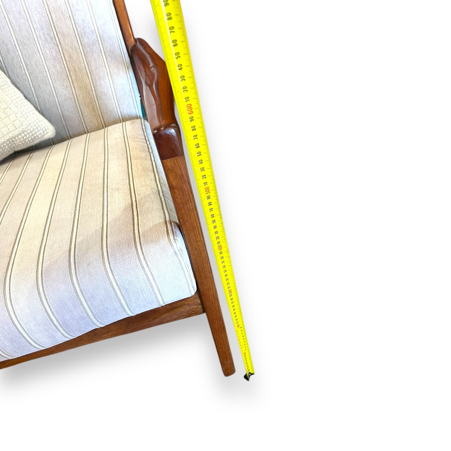 TH Brown Mid-Century Armchair – Teak Frame with Striped Upholstery