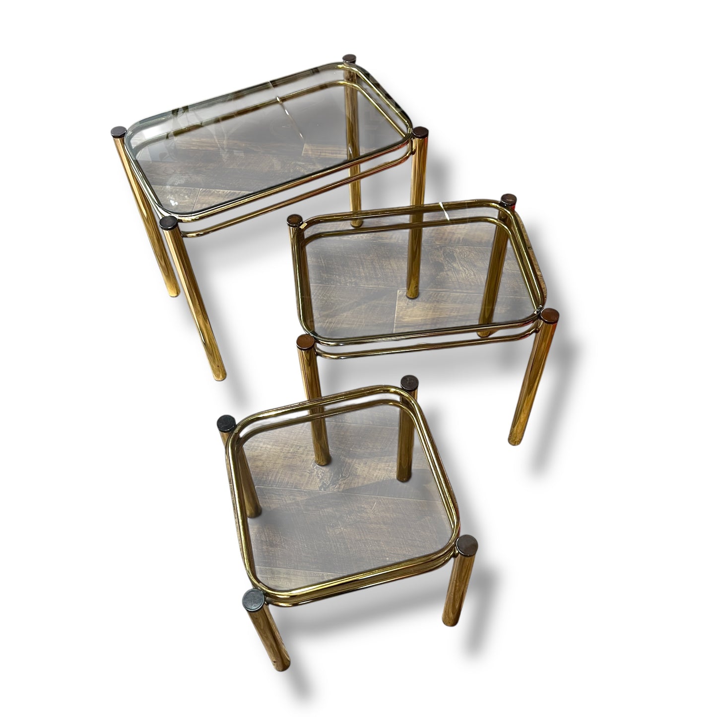 Brass & Smoked Glass Nesting Tables – Set of 3
