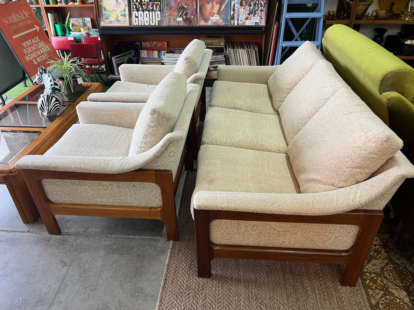 Danish Deluxe Three Seater Lounge Cream Patterned Upholstery