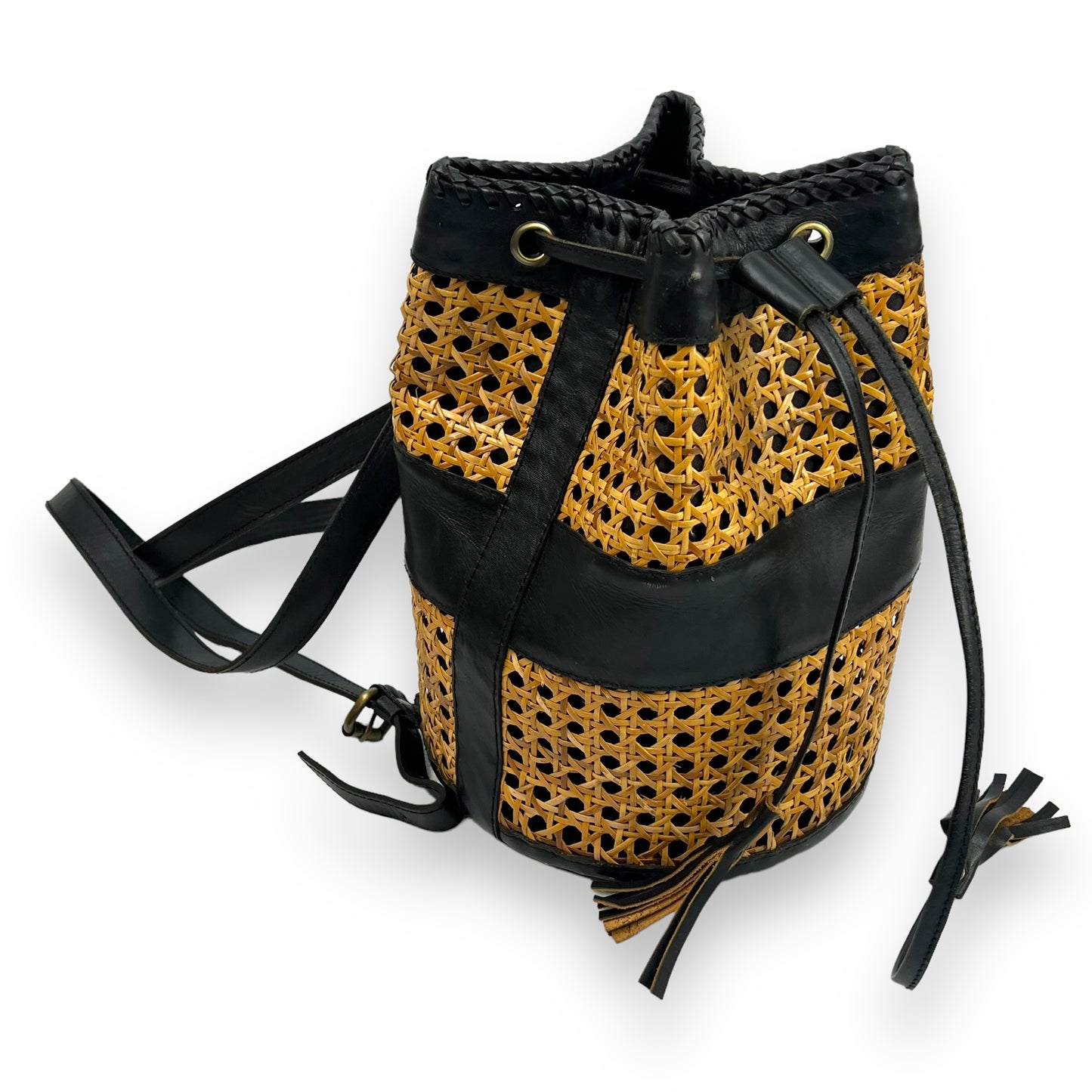 Rattan & Black Leather Backpack