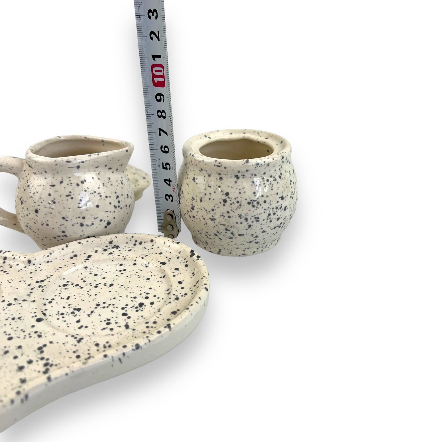 Sugar pot and creamer speckled set with love heart plate