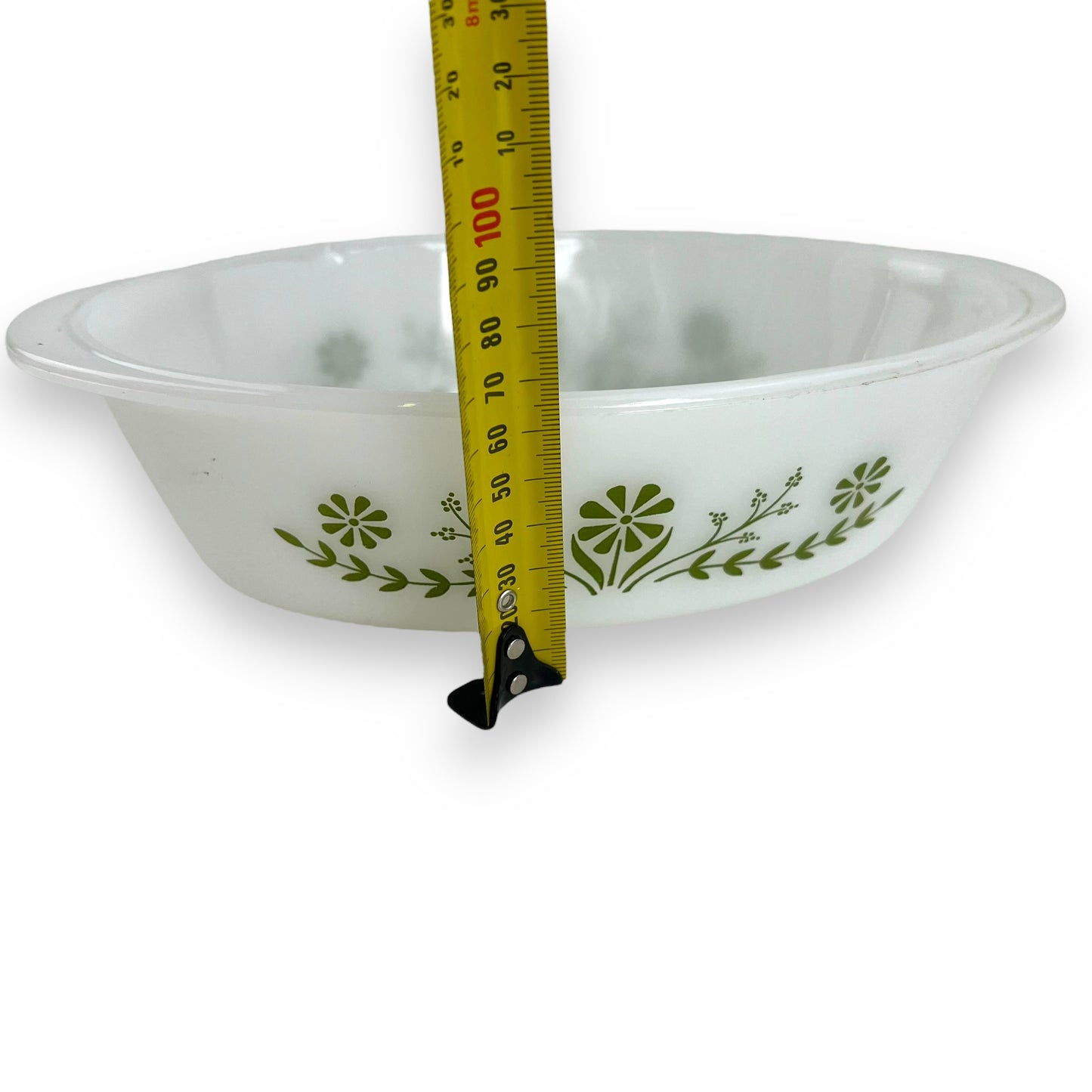 Glasbake oval white glass dish with clear lid and geeen decal