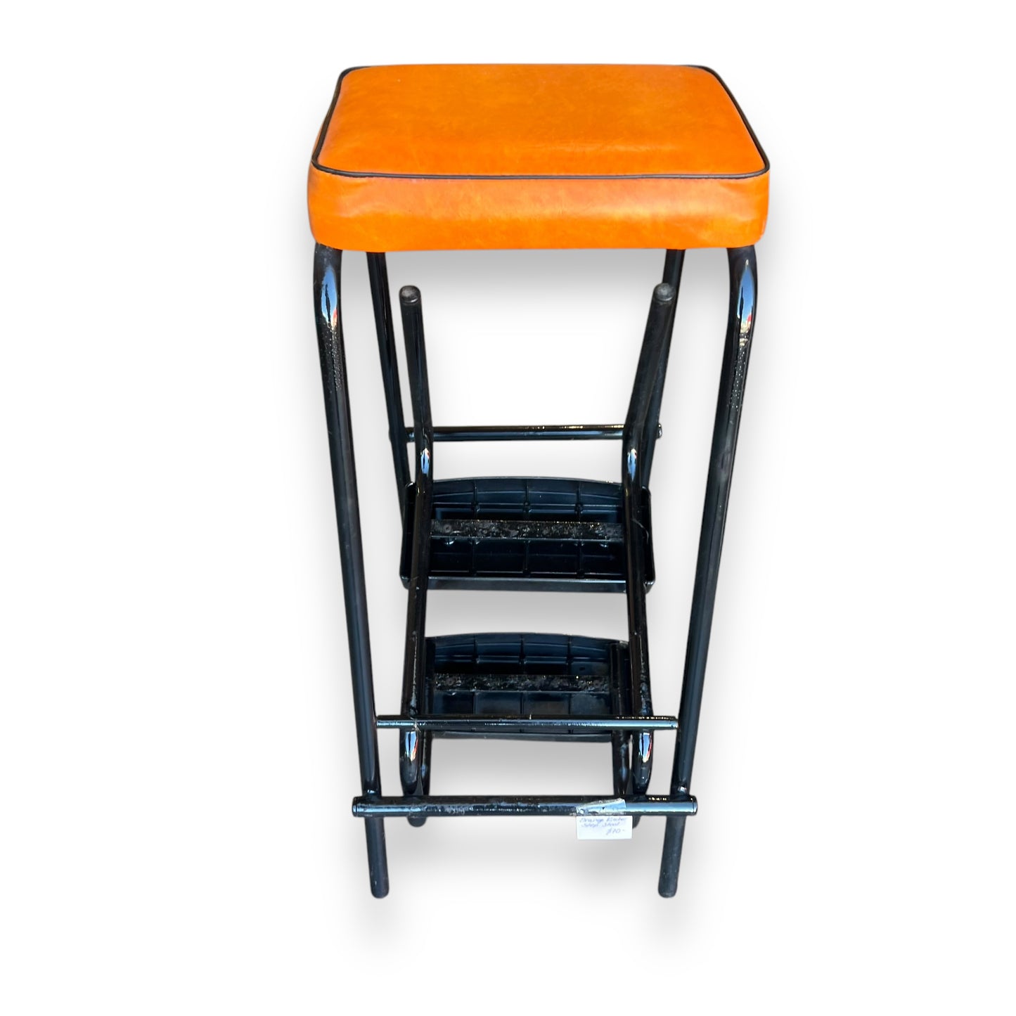 Folding Kitchen Step Stool with Orange Vinyl Seat