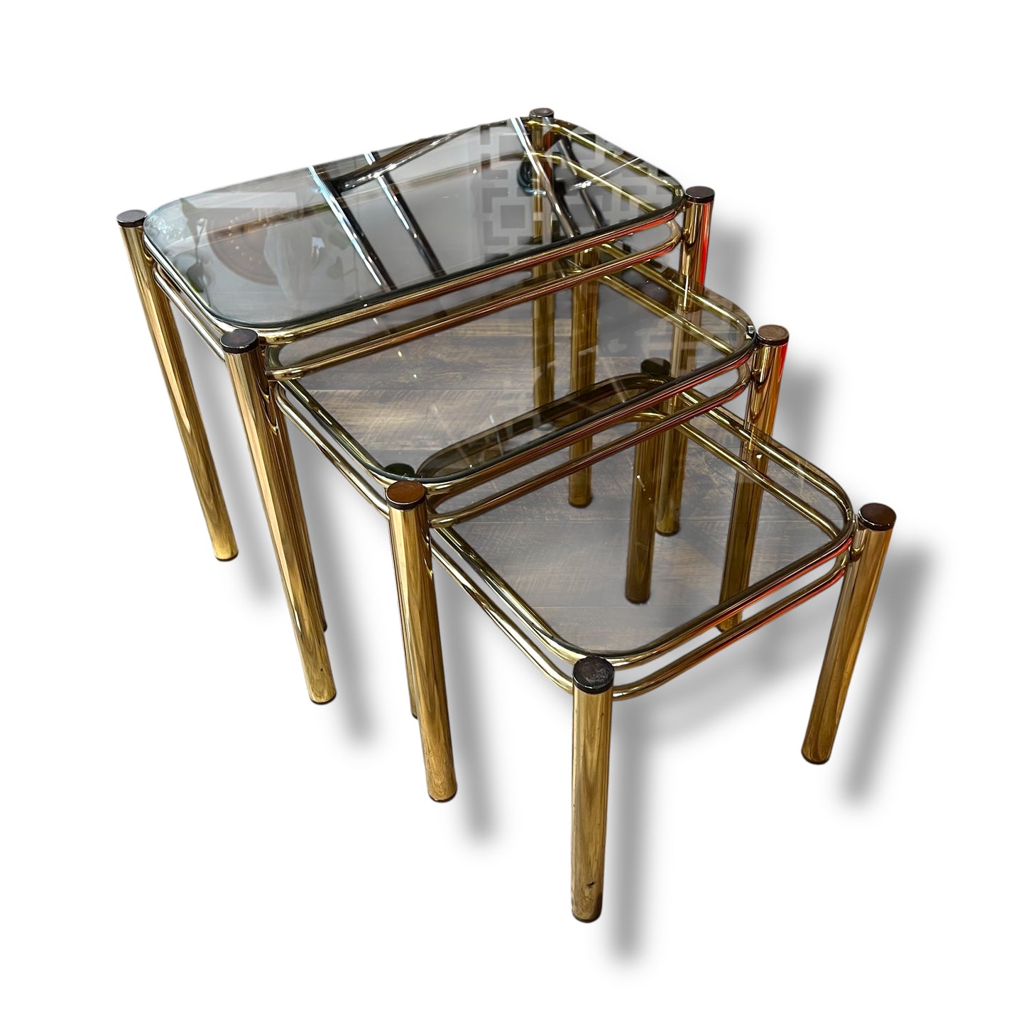 Brass & Smoked Glass Nesting Tables – Set of 3
