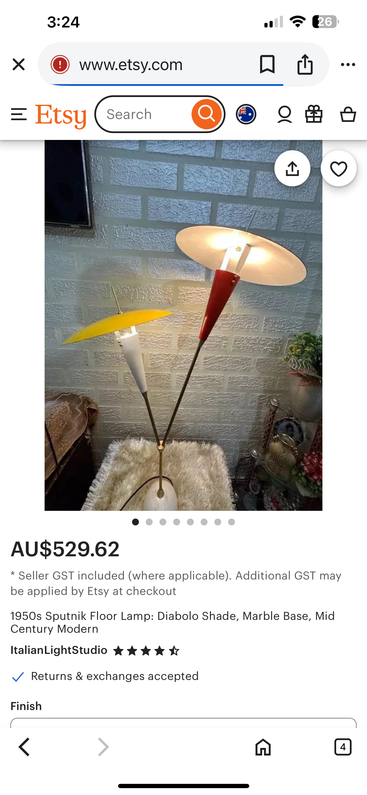 Red & White Mid Century Lamp — Brass & Marble Base, Red and White Shades (Missing Outer Reflector Shade)