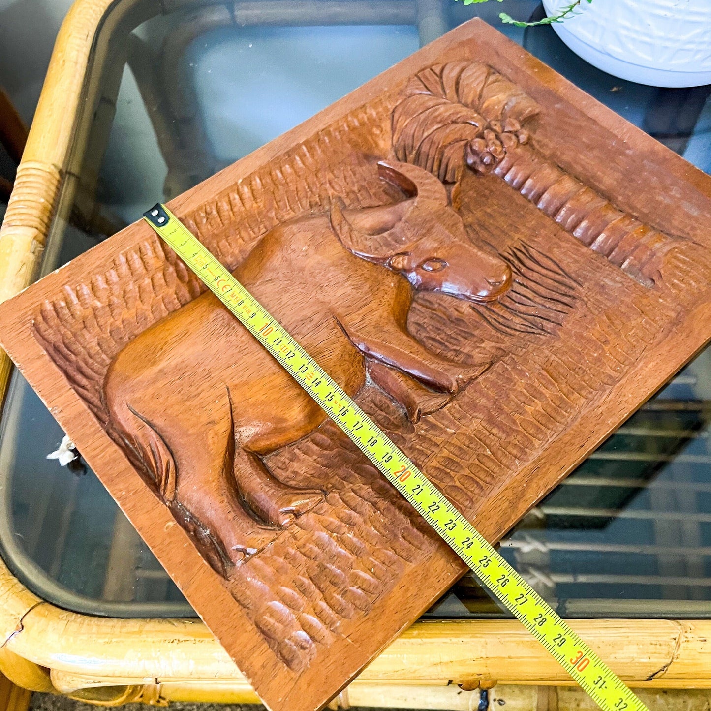 Wooden carved bull artwork