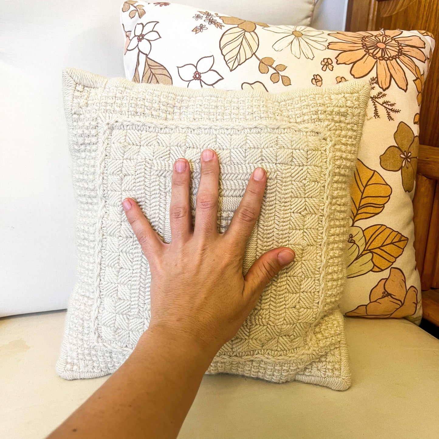 Cream crochet knitted small square decorative pillow