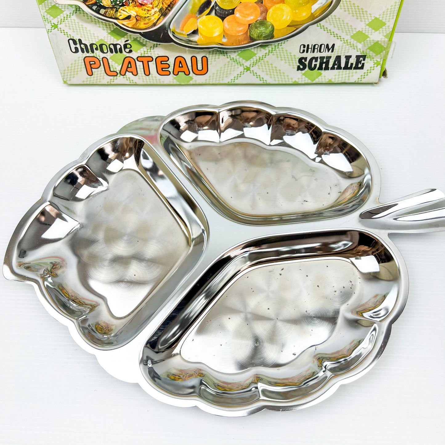 Chrome shape leaf platter in original box