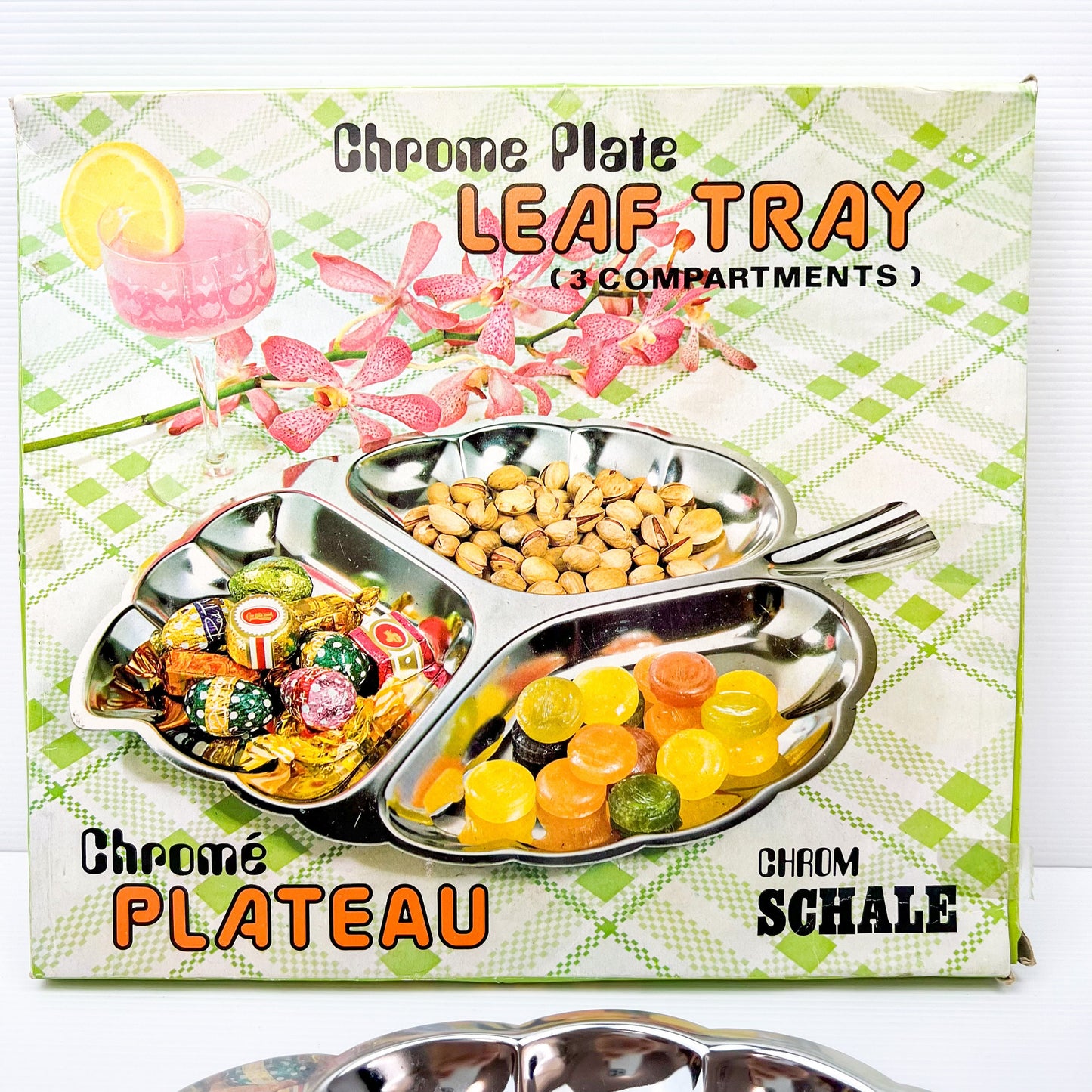Chrome shape leaf platter in original box