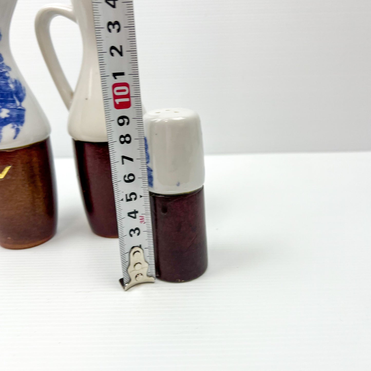 Wood and ceramic vinegar, oil and pepper shaker set