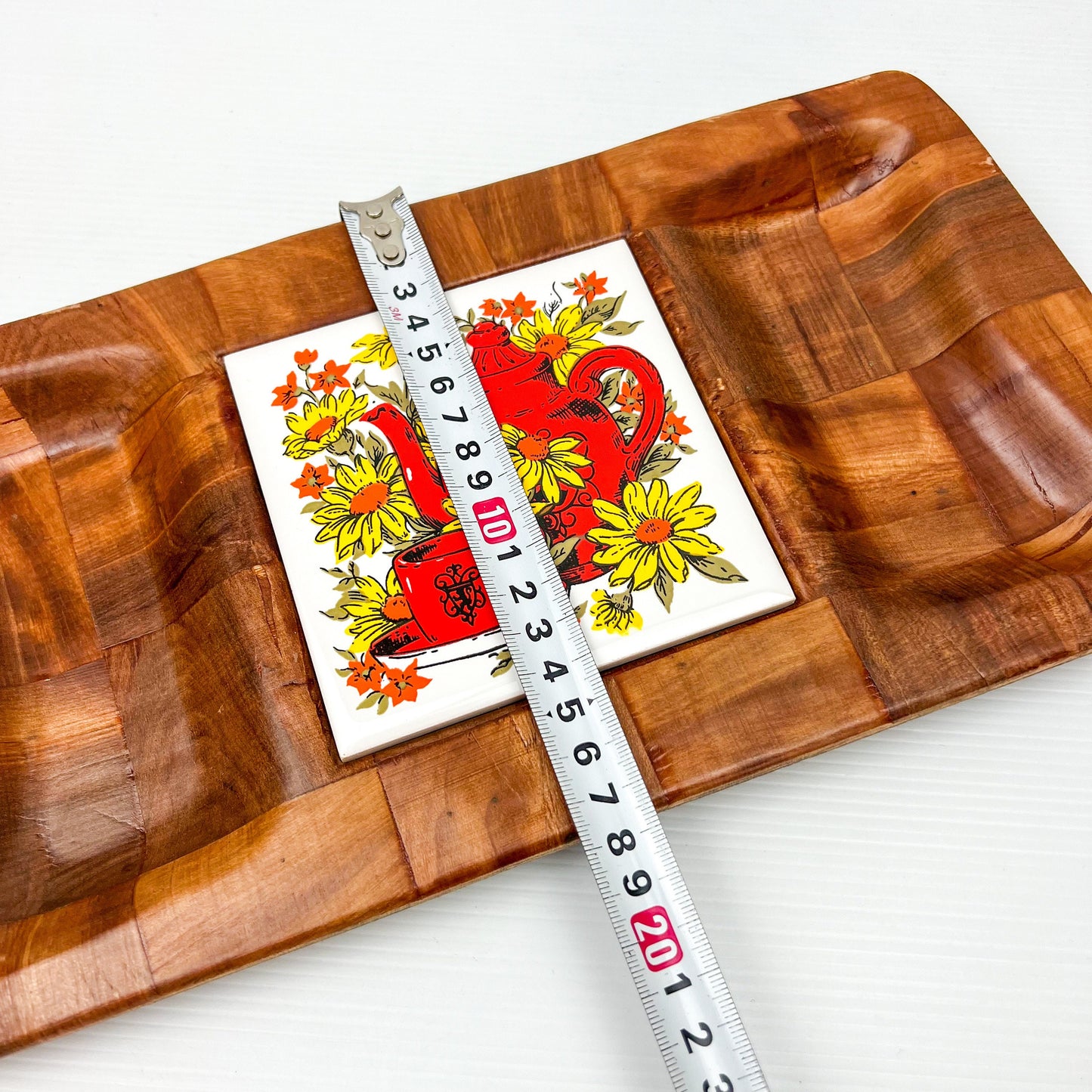 Mid Century Snack Tray, Woven Wood Tray, 1970s Nibble Tray with Ceramic Tile, Made in Taiwan, Vintage Cheese Board