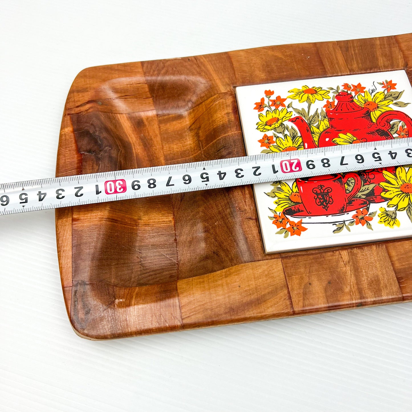 Mid Century Snack Tray, Woven Wood Tray, 1970s Nibble Tray with Ceramic Tile, Made in Taiwan, Vintage Cheese Board