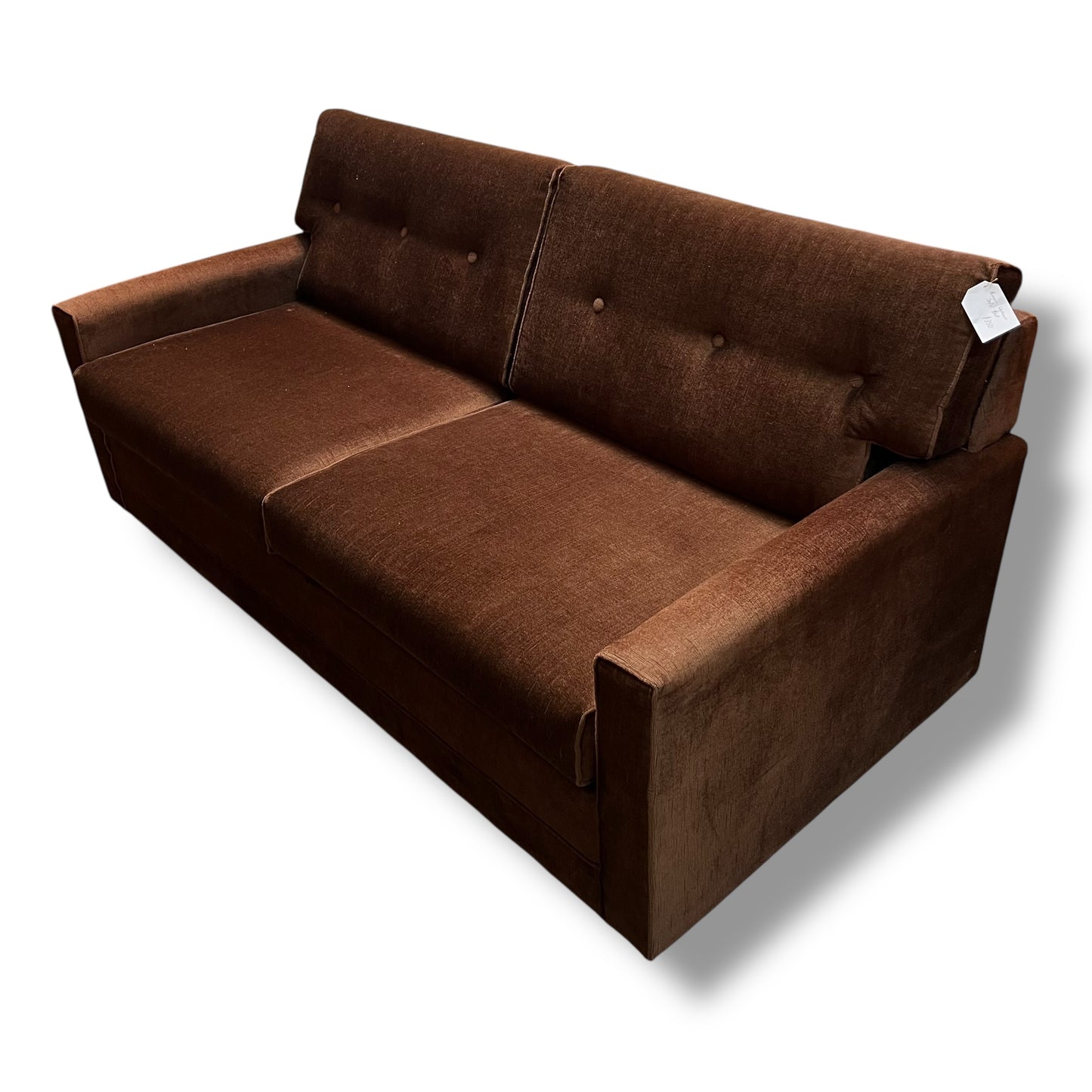 Brown Velour Sofa Bed – Button Back with Fold-Out Mattress
