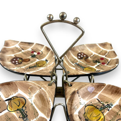 Leaf shape Serving dish Set – Hand-Painted mushroom pattern & Metal carry Stand