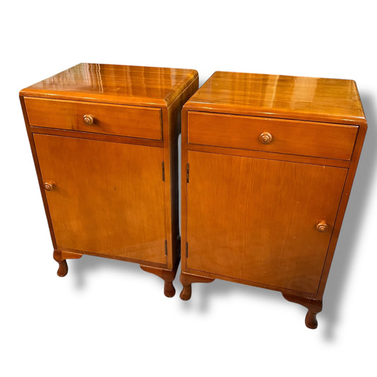Pair of Vintage Timber Bedside Cabinets with Drawer & Cupboard