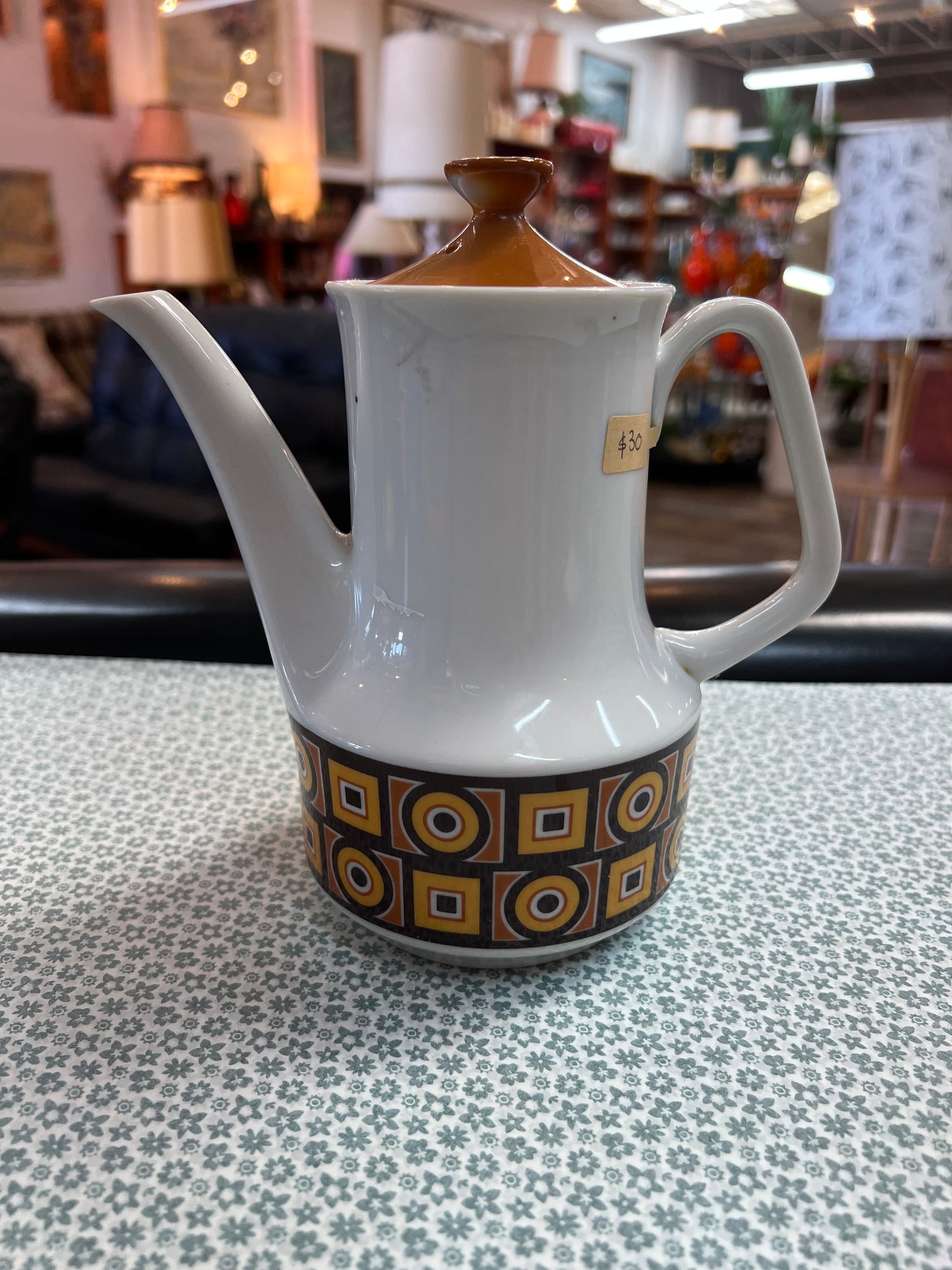 1970s Retro Coffee Pot – Geometric Pattern Ceramic Coffee Server – Made in Japan
