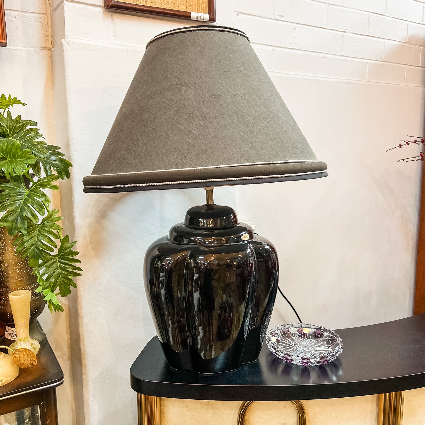 Black Glazed Ceramic Table Lamp with Grey Shade