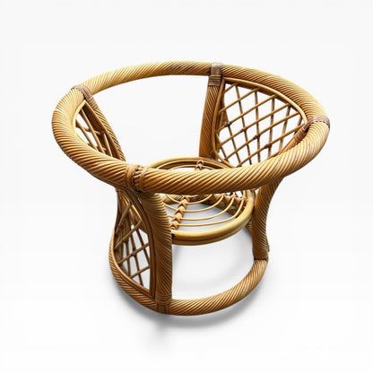 Cane Side Table with Round Glass Top & Sculptural Base