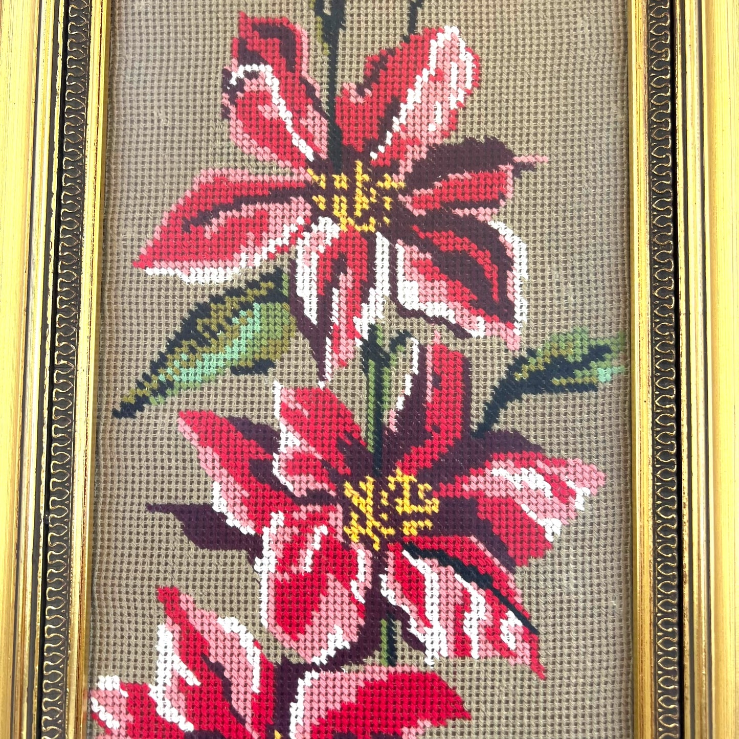 Vintage Needlepoint Art – Red Floral Design in Gold Frame