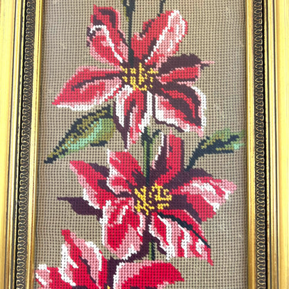 Vintage Needlepoint Art – Red Floral Design in Gold Frame