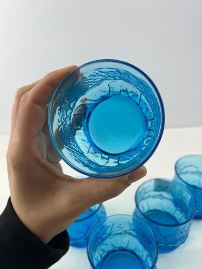 Anchor Hocking Rainflower Laser Blue Glasses- Set of 5 Vintage 1970s