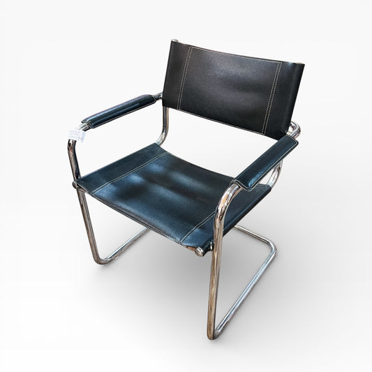 Black Leather & Chrome Cantilever Armchair