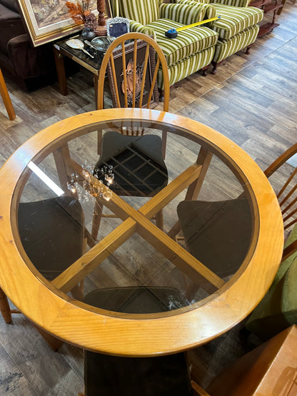 Wooden Round Glass Top Dining Table & 4 Chairs with brown velvet cushions