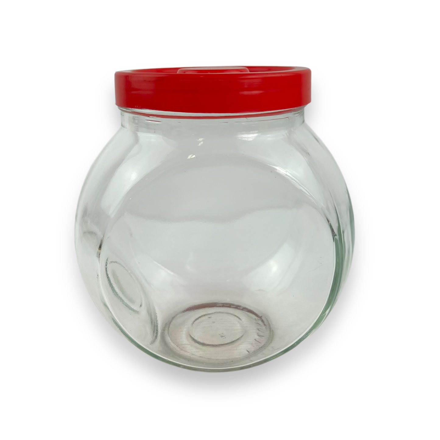 Red lid round glass storage jar