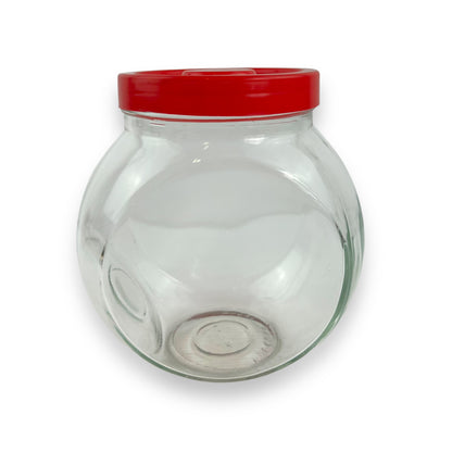 Red lid round glass storage jar