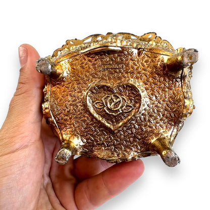 Ornate Jewelry Box – Made in Japan – Gold Tone Metal with Red Velvet Lining