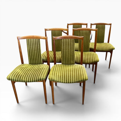 Set of 6 Vintage Burgess Dining Chairs | Mid Century Timber & Green Velvet