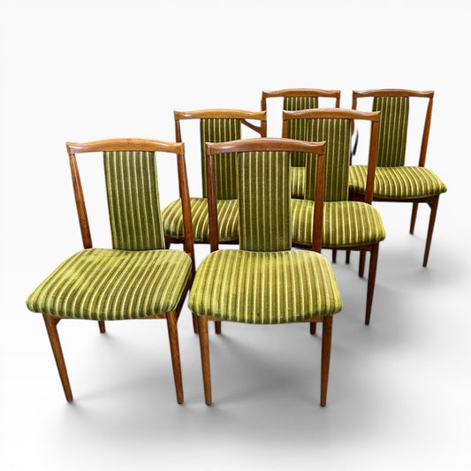 Set of 6 Vintage Burgess Dining Chairs | Mid Century Timber & Green Velvet