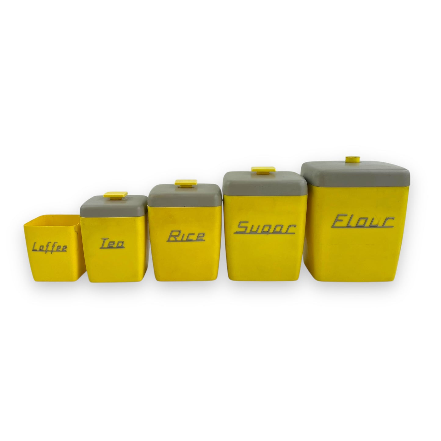 Yellow & Grey 1950s Plastic Nallyware Canister Set of 5 - Coffee, Tea, Rice, Sugar, Flour - Retro Kitchen Storage