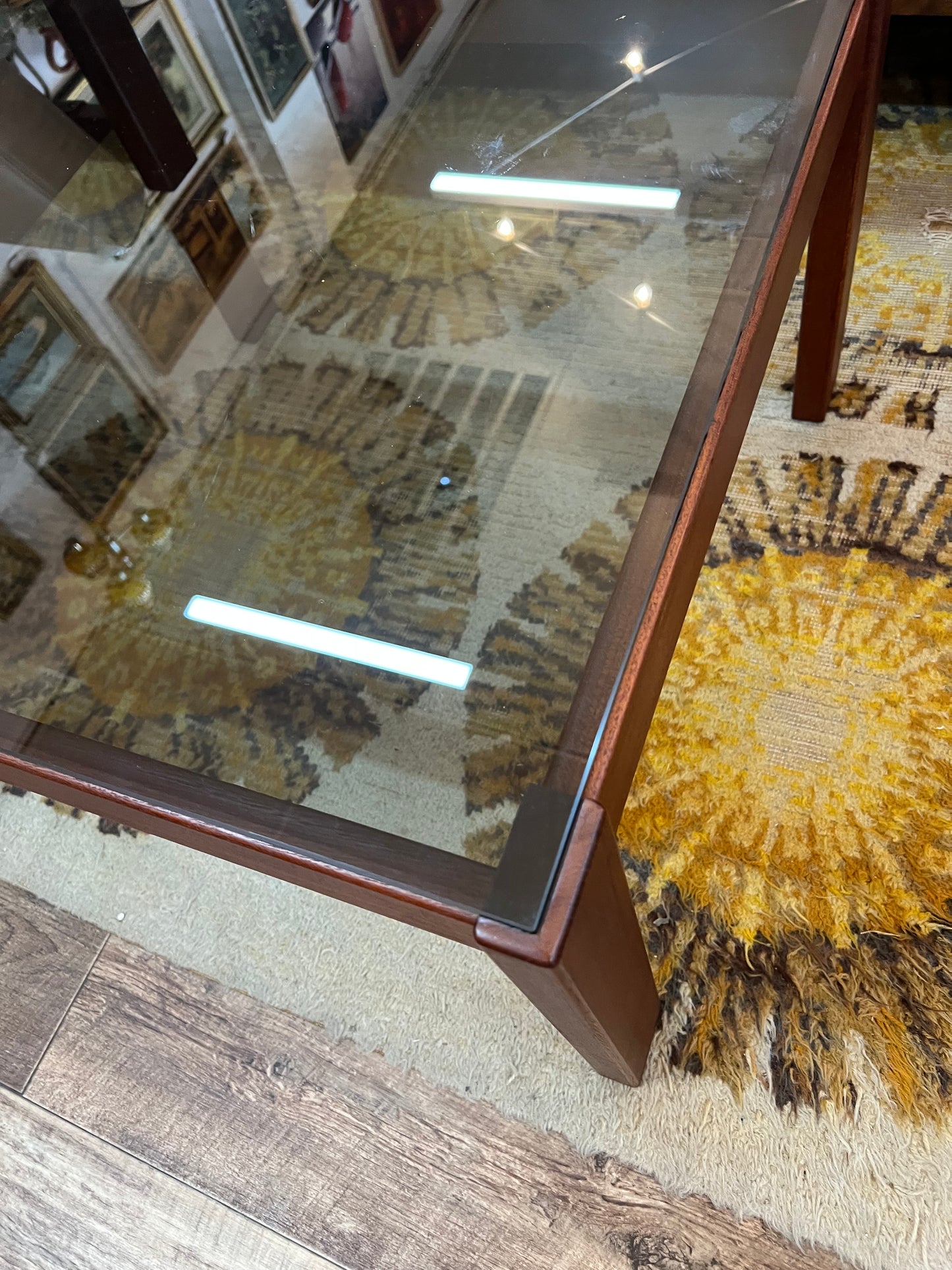 Mid-Century Modern Square Smoked Glass Coffee Table with Rich Reddish-Brown Timber Frame