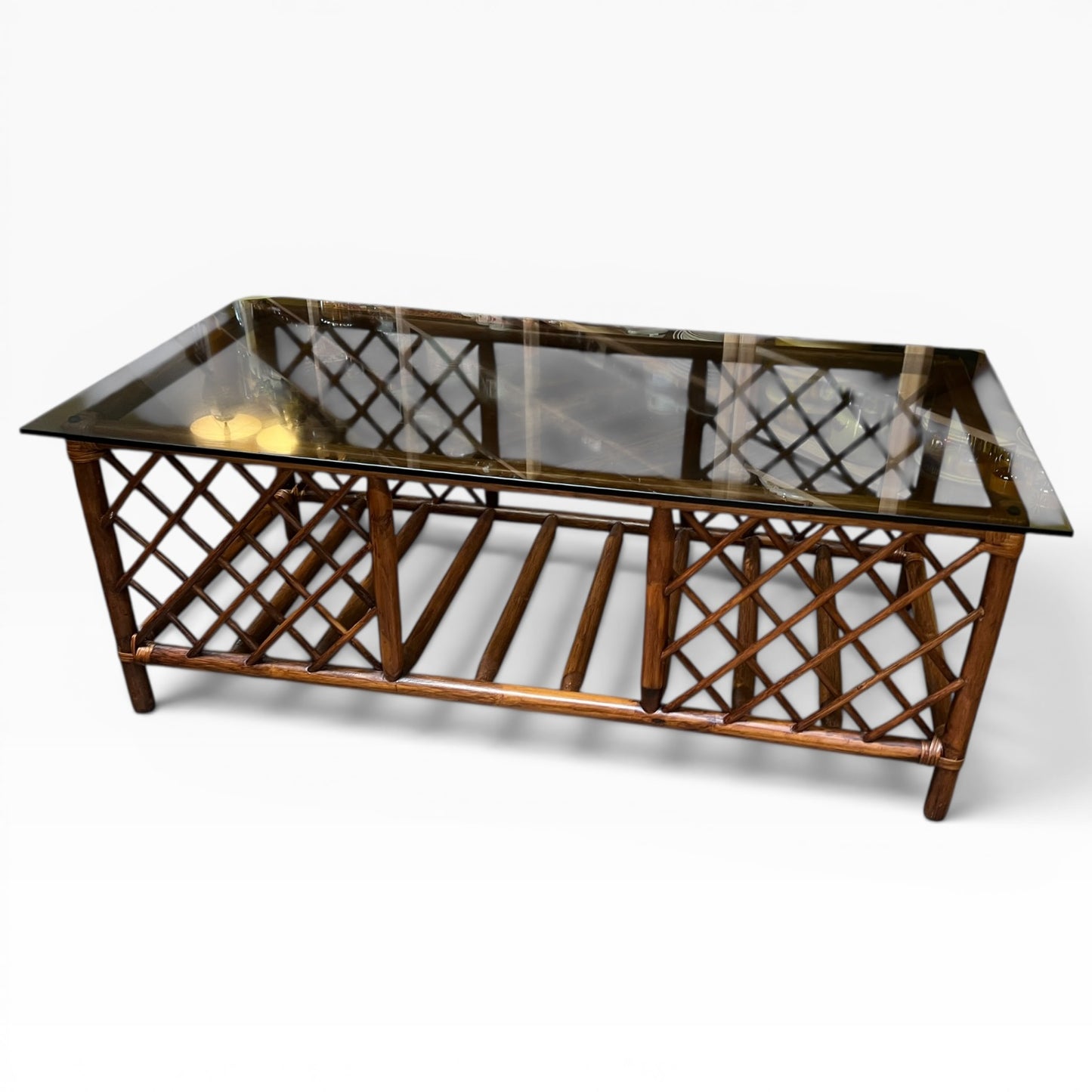 Brown Rattan/Cane Coffee Table with Smoked Glass Top