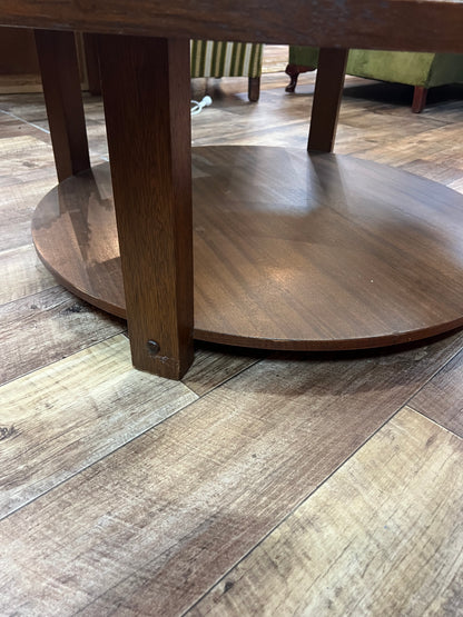 Pressed Copper & Glass Round Coffee Table with Lower Timber Shelf
