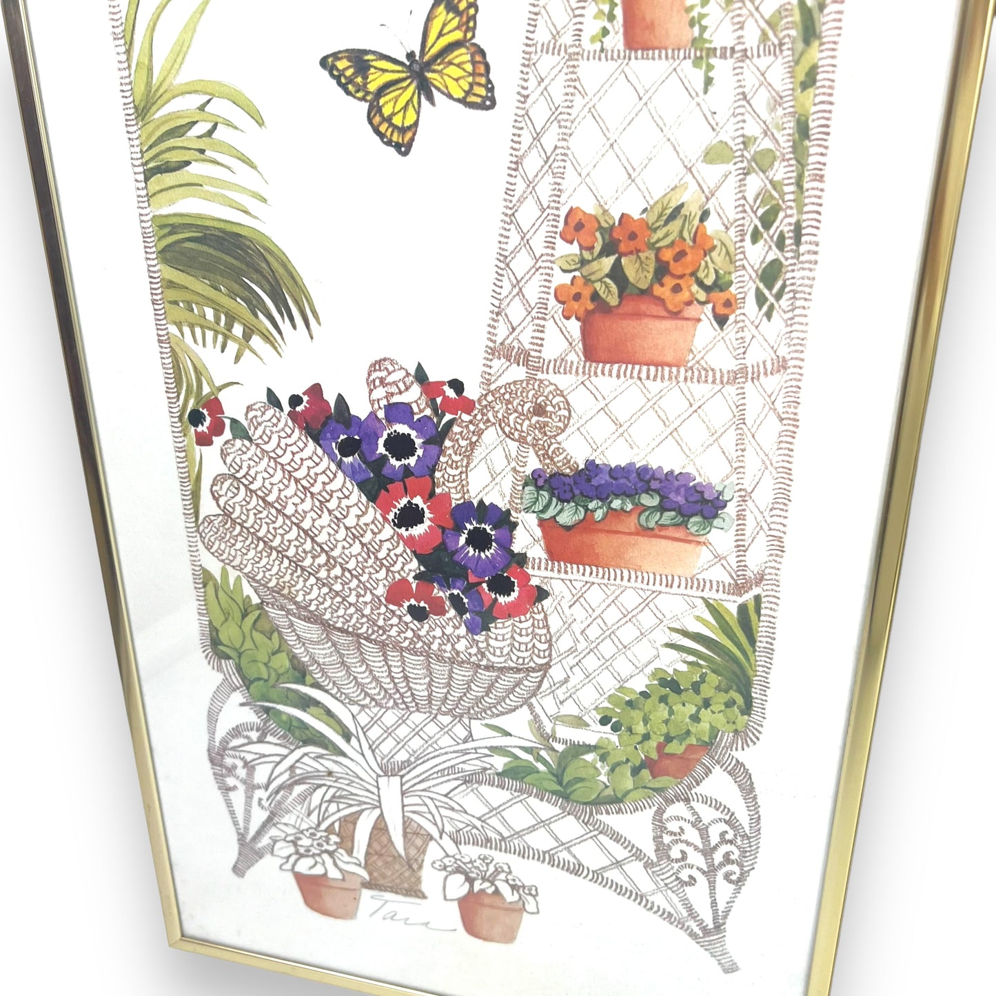 Butterfly Wicker Garden Prints x2 in brass frame