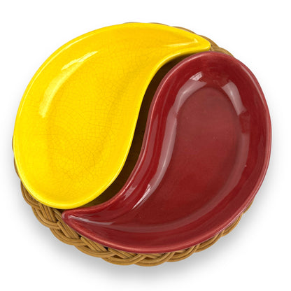 Yellow & Maroon ceramic snack tray on cane carrier