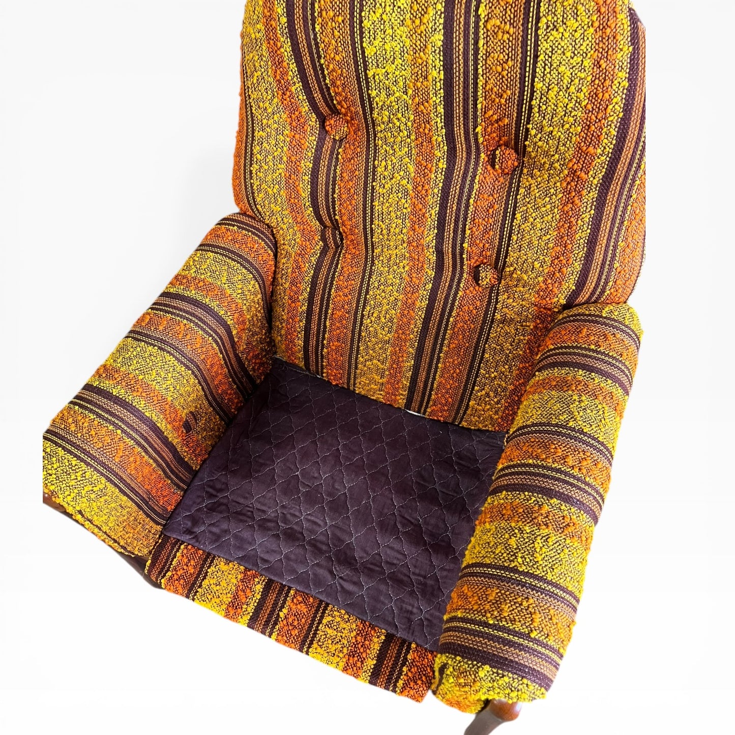 VanderOza Mid-Century Armchair in Original yellow, orange and brown Textured wool Stripe Upholstery