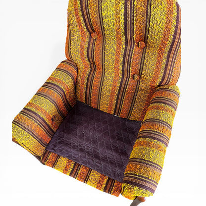 VanderOza Mid-Century Armchair in Original yellow, orange and brown Textured wool Stripe Upholstery