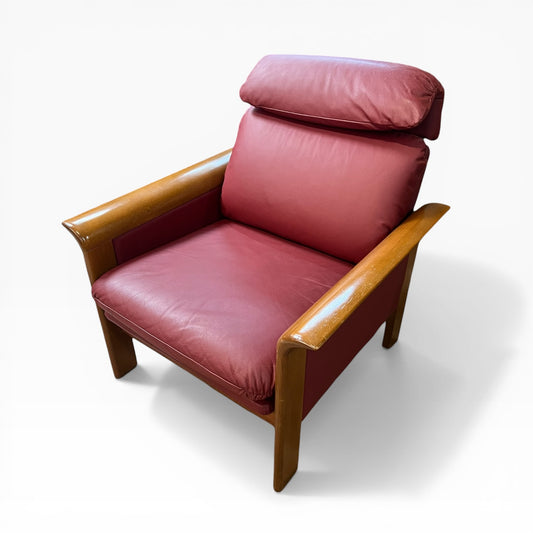 Timber Armchair with Sculpted Curved Armrests & Burgundy Leather Cushions