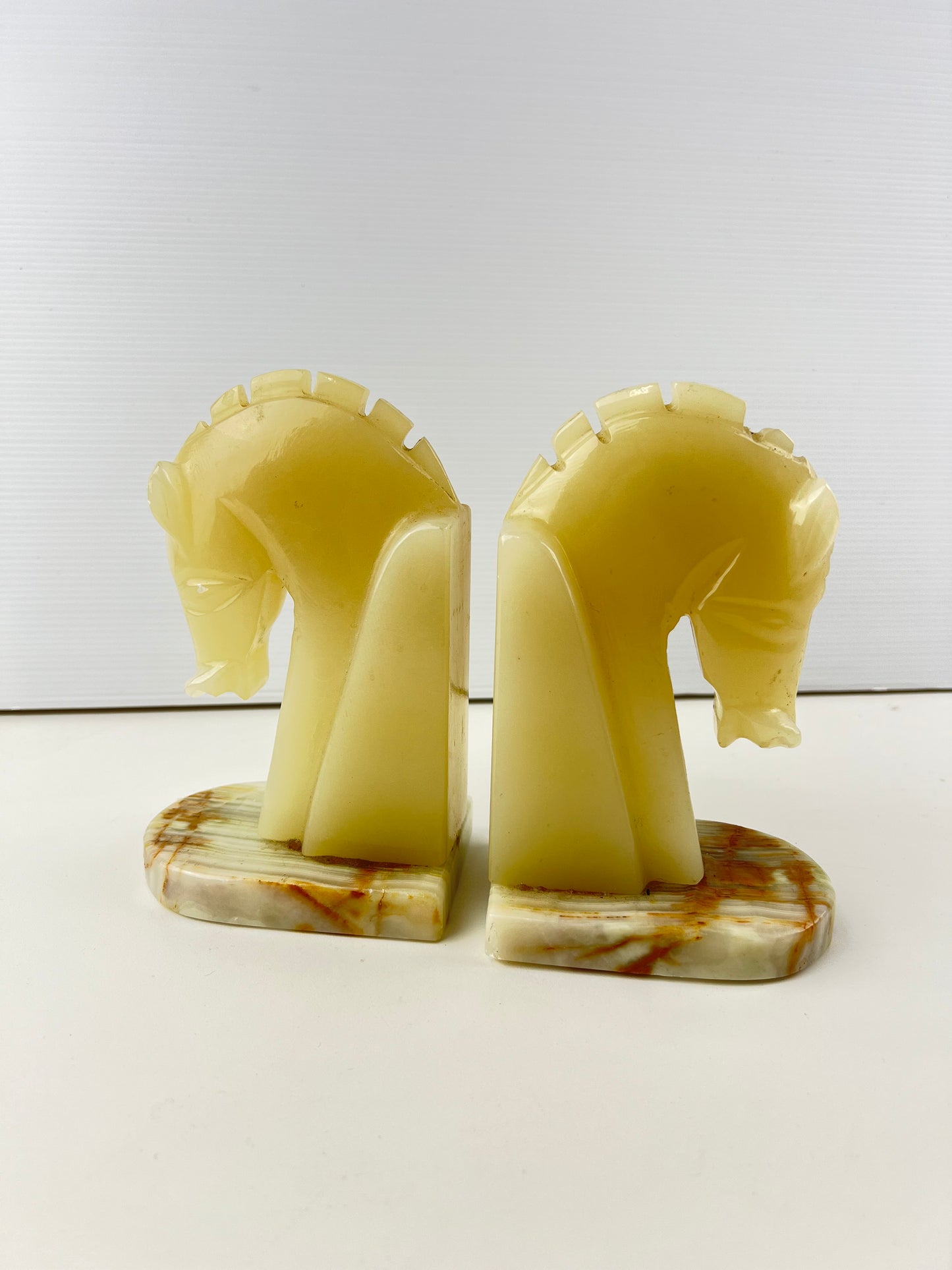 Carved Onyx Horse Head Bookends Pair